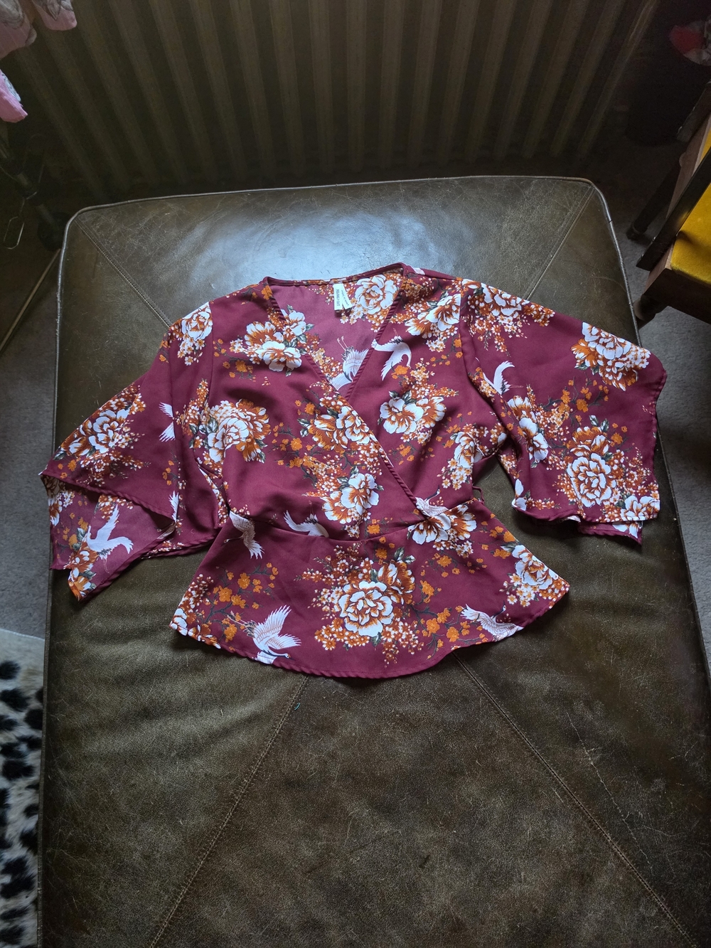 Live 4 Truth Boho Burgundy Crane Floral Kimono Wrap Blouse Peplum Top